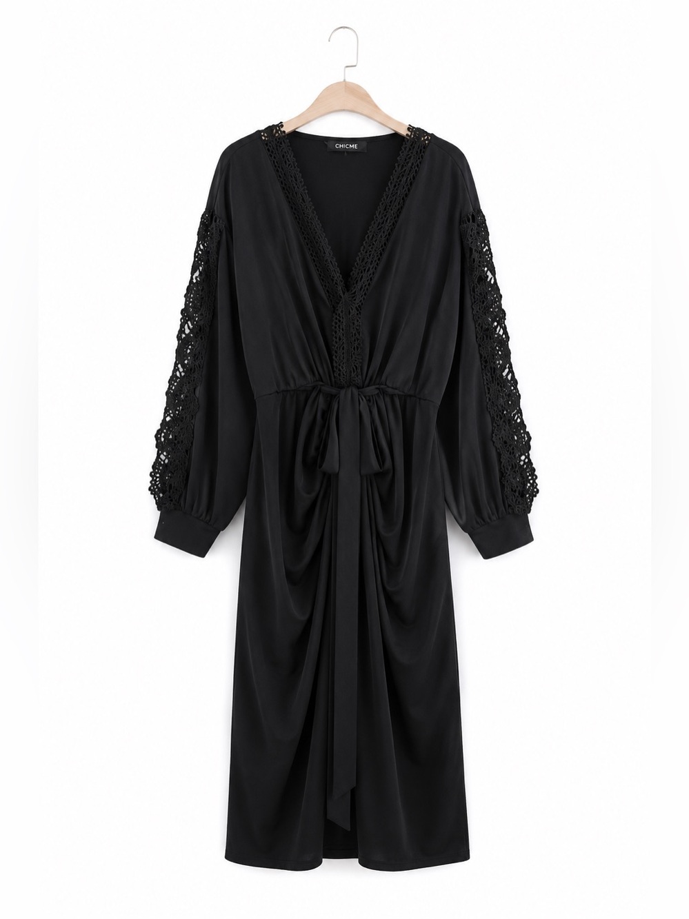 Chic Black Crochet-Sleeve Maxi Dress with Tie Waist
